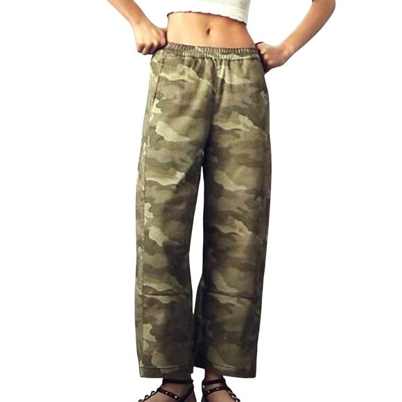 PILCRO  Anthropologie Izzie Relaxed Pull-On Barrel Pants Green Camo Size Medium - Picture 1 of 13